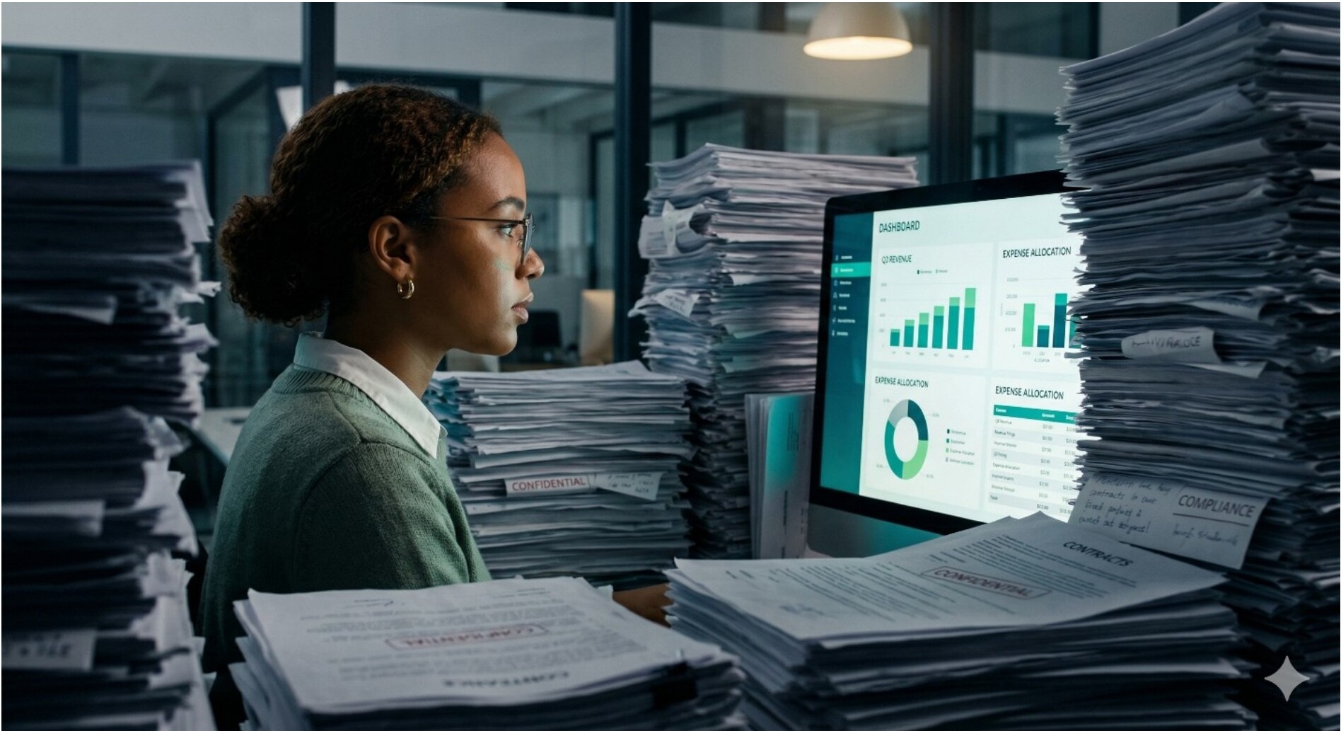 A woman sitting at a desk surrounded by stacks of paper, looking at a computer screen displaying financial dashboards and charts