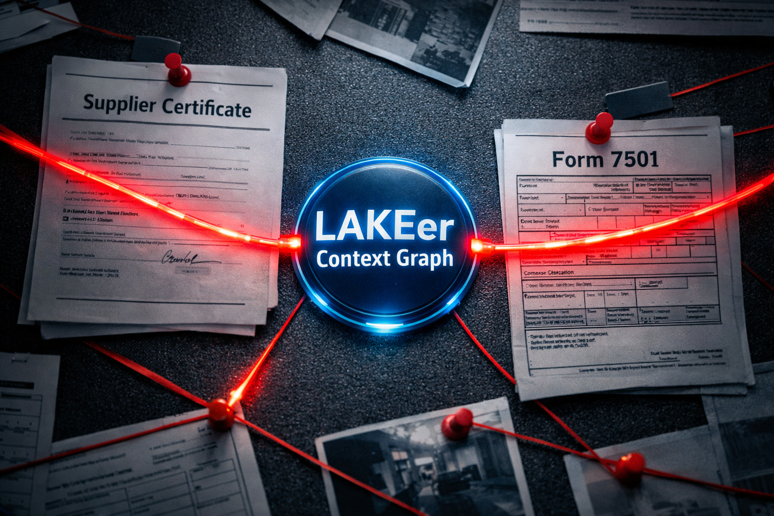 LAKEer 3D Graph connecting supplier certificates and Form 7501 documents like a detective's investigation board