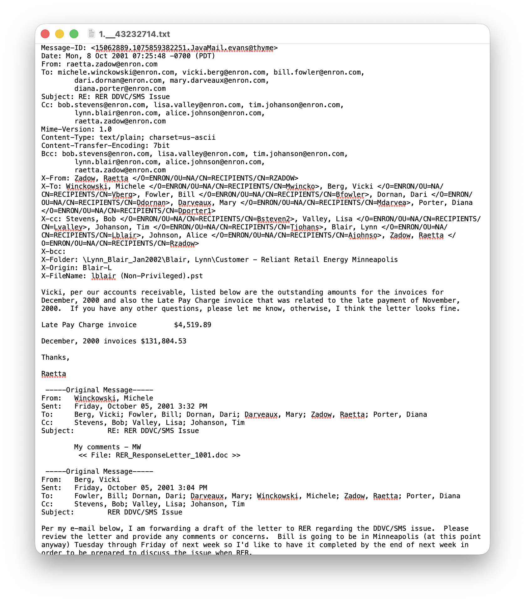 Sample Enron email message showing email metadata and content