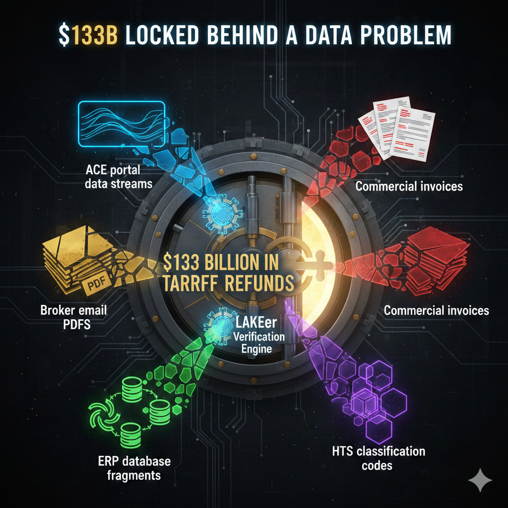 $133 billion locked behind a data problem — dark data from ACE portals, broker emails, ERP databases, commercial invoices, and HTS classification codes flowing into the LAKEer Verification Engine