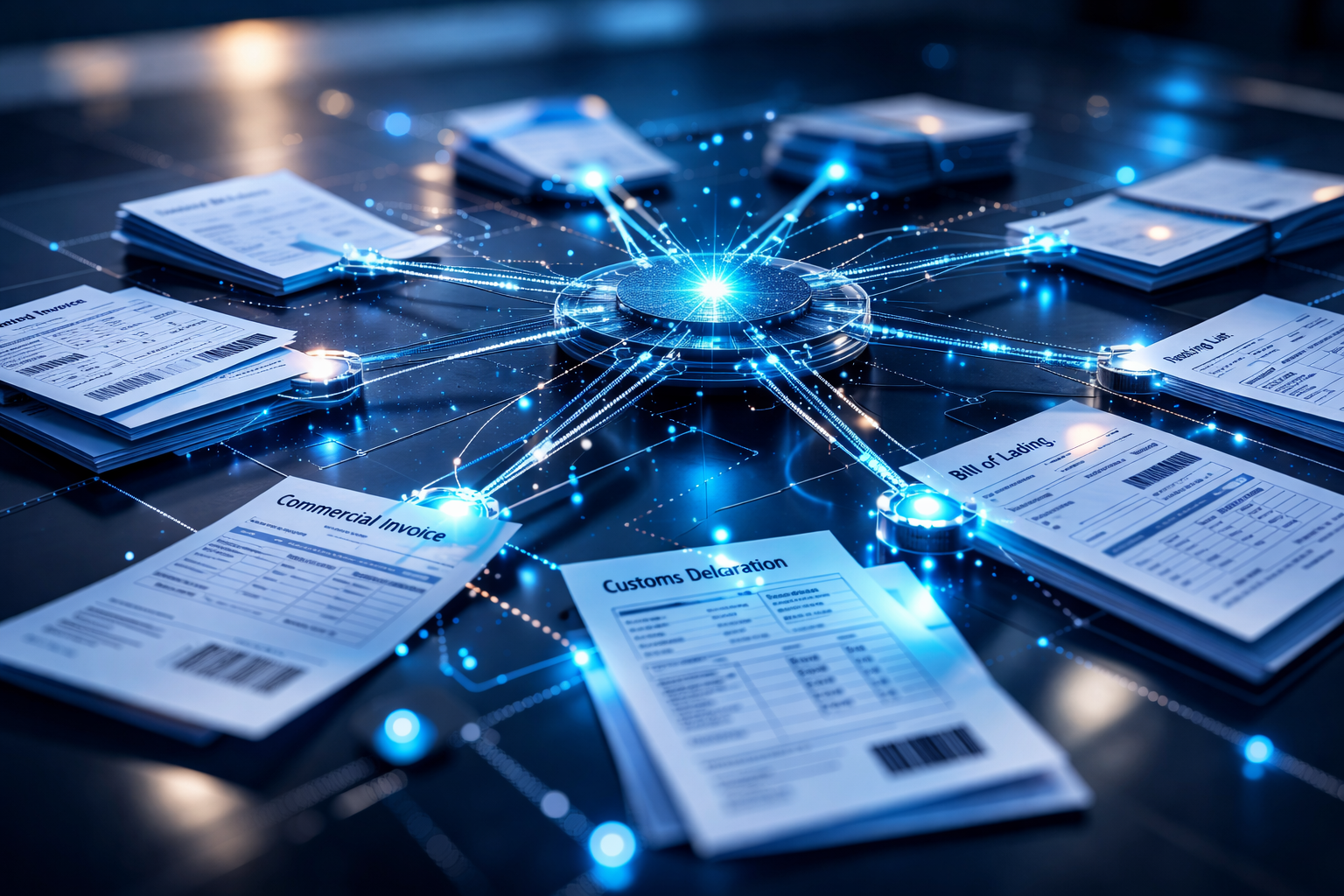 Trade compliance documents connected through LAKEer's 3D Graph — linking commercial invoices, customs declarations, and bills of lading