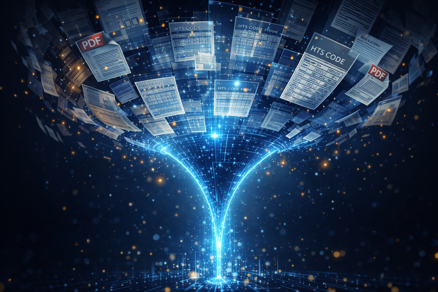 Trade documents, HTS codes, and PDFs funneling into a data pipeline — illustrating the unstructured data challenge in tariff refund claims